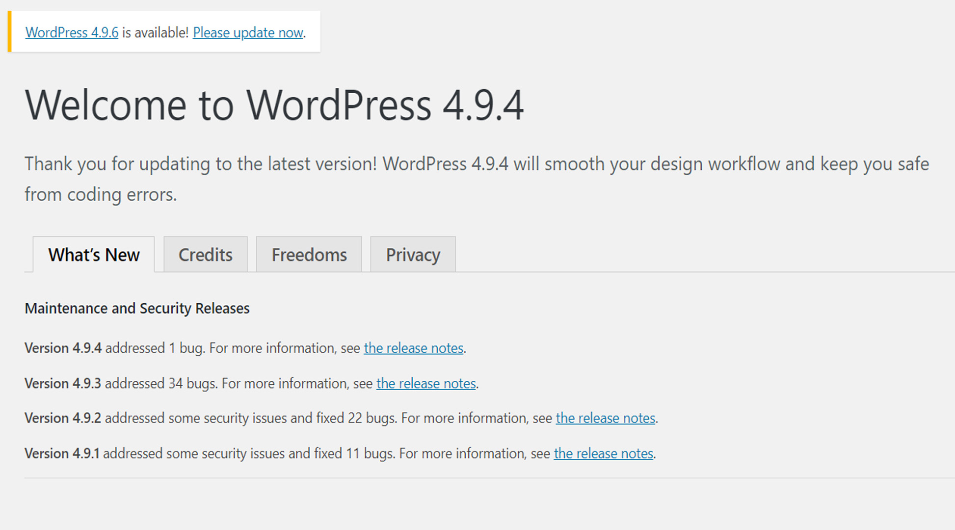 typical wordpress update message