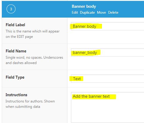 Advance Custom Fields banner body configuration.