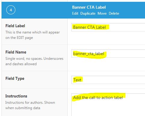 Advance Custom Fields - Banner CTA Label configuration