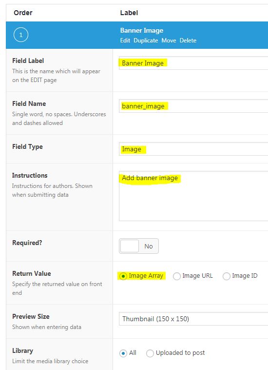 Advance Custom Fields - Banner image configuration